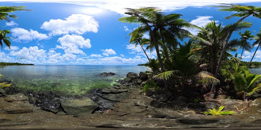 Palm forest by rocky tropical coast with calm ocean. Siargao, Philippines. 8k video.