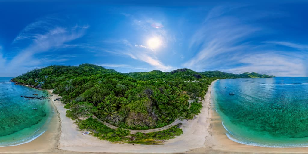 Sychelles Mahe Baie Lazare beach aerial view 8k video